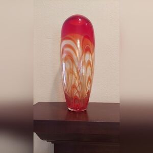 Red & Orange Swirl Decorative Glass Vase 14"H x 5"D with 2-1/2" Opening.